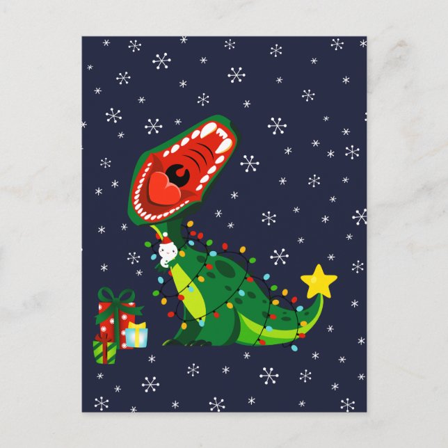 Winter Snowman Christmas Tree T-Rex Dinosaur  Holiday Postcard (Front)