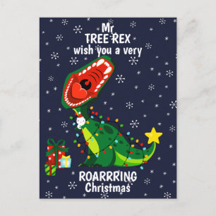 Winter Snowman Christmas Tree T-Rex Dinosaur  Holiday Postcard