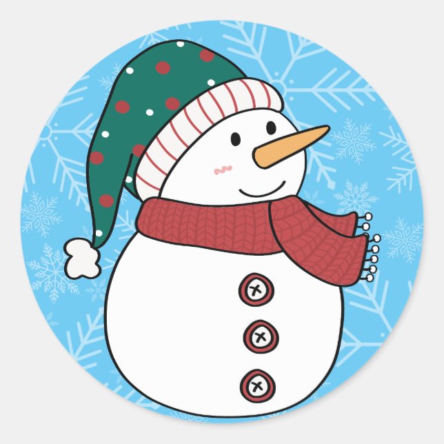 Winter Snowman Cute Blue Christmas Holiday Classic Round Sticker (Front)