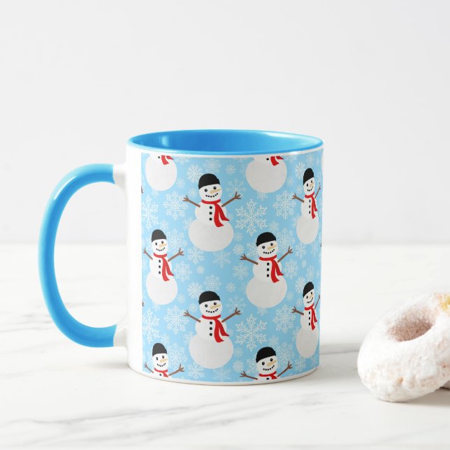 Winter Snowman Cute Blue Christmas Holiday Mug (With Donut)