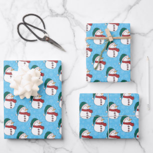 Winter Snowman Cute Blue Christmas Holiday Wrapping Paper Sheet