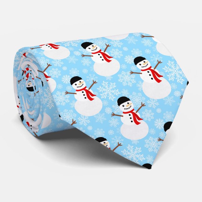 Winter Snowman Cute Blue Holiday Tie (Rolled)