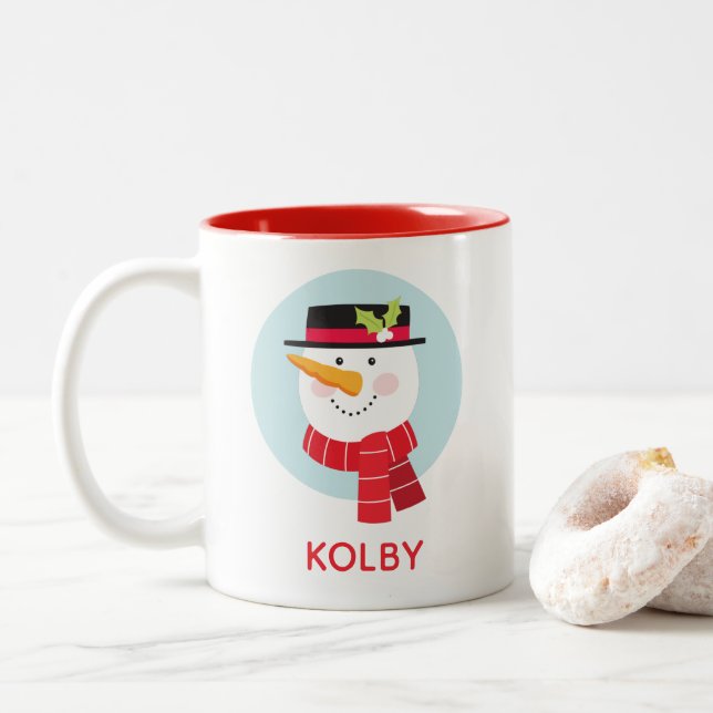 Winter Snowman Face Two-Tone Coffee Mug (With Donut)