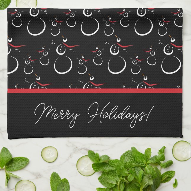 Winter Snowman Family Pattern Merry Holidays Black Kitchen Towel (Folded)