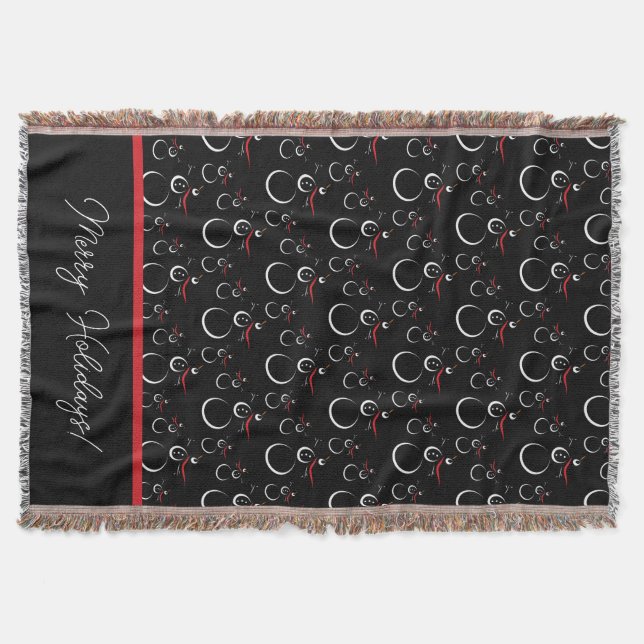 Winter Snowman Family Pattern Merry Holidays Black Throw Blanket (Front)