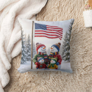 Winter Snowman Family Under an American Flag Throw Pillow