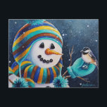 Winter Snowman Feeds Chickadee Bird Watercolor Art Postcard<br><div class="desc">"Seeds For Little Chickadee" Watercolor Art Postcard by Artist Jean Weiner "Seeds For Little Chickadee" features a sweet Black Capped Chickadee bird that has perched on a snowman's mitten. This darling little bird is ready to eat the sunflower seeds this snowman is holding. The bird and snowman appear to be...</div>