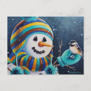 Winter Snowman Feeds Chickadee Bird Watercolor Art Postcard