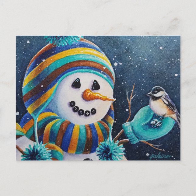 Winter Snowman Feeds Chickadee Bird Watercolor Art Postcard (Front)
