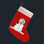 Winter Snowman Pattern | Kids Name Red Small Christmas Stocking<br><div class="desc">Who can resist this cute red christmas stocking with your sons name in wobbly font. Featuring an adorable snowman on the front and a pattern of snowmen on the back. To change the text or snowman graphic click on the personalize button. This design contains A.I.</div>