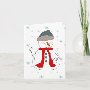 Winter Snowman Snowing Whimsical Primitive Art Holiday Card