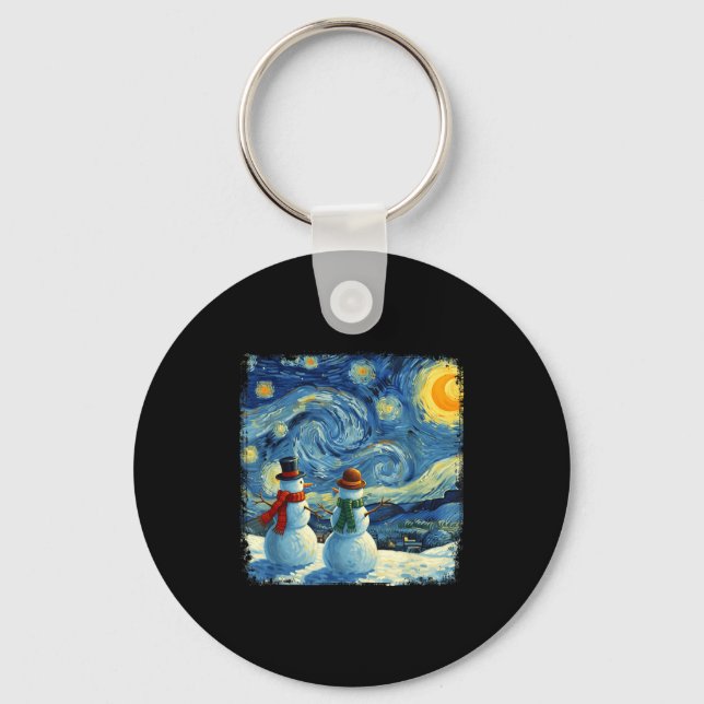 Winter Snowman Van Gogh Starry Night Christmas  Keychain (Front)