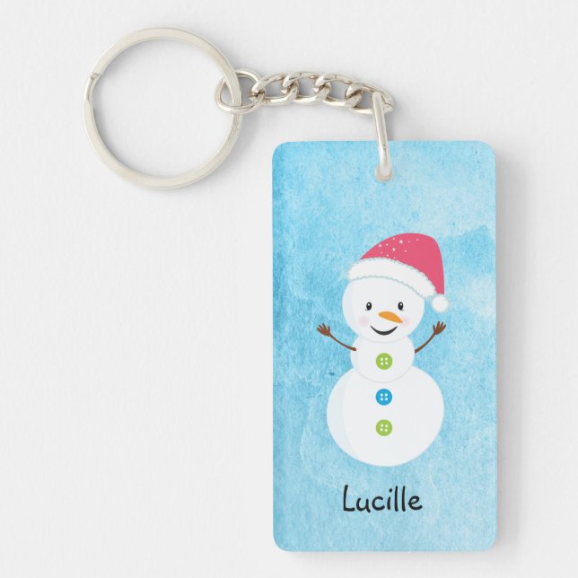 Winter Snowman with Name and Santa Cap Keychain (Front)