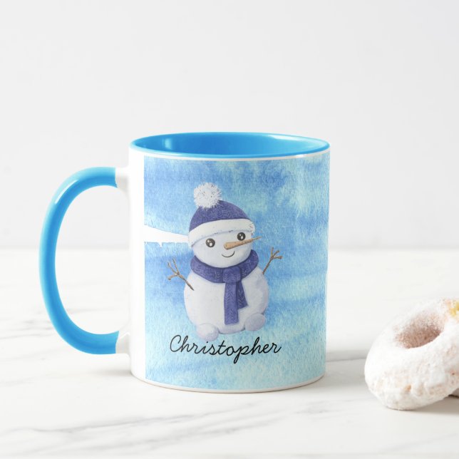 Winter Snowman with Personalize Name Christmas Mug (With Donut)