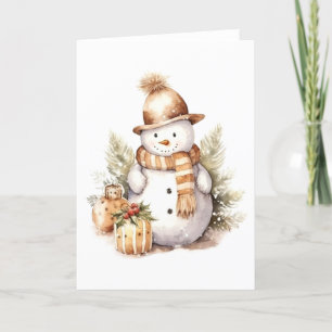 Winter Snowman with Presents, Holly BLANK Holiday Card