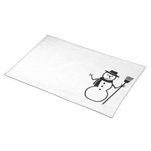 Winter Snowman with Scarf Hat Broom, Black White Placemat