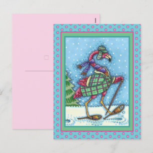 WINTER SNOWSHOES & COAT PINK FLAMINGO TREKKING HOLIDAY POSTCARD