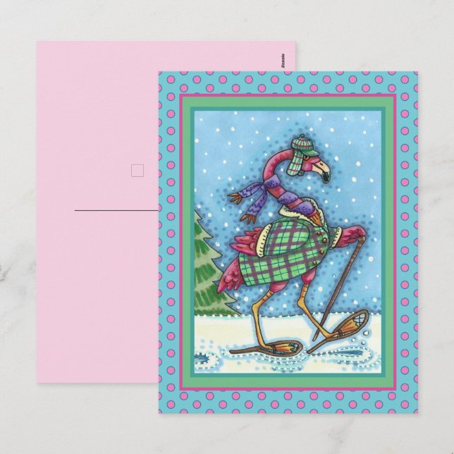 WINTER SNOWSHOES & COAT PINK FLAMINGO TREKKING HOLIDAY POSTCARD (Front/Back)