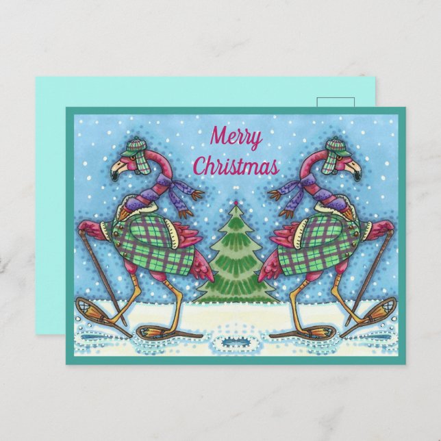 WINTER SNOWSHOES & COAT PINK FLAMINGO TREKKING HOLIDAY POSTCARD (Front/Back)