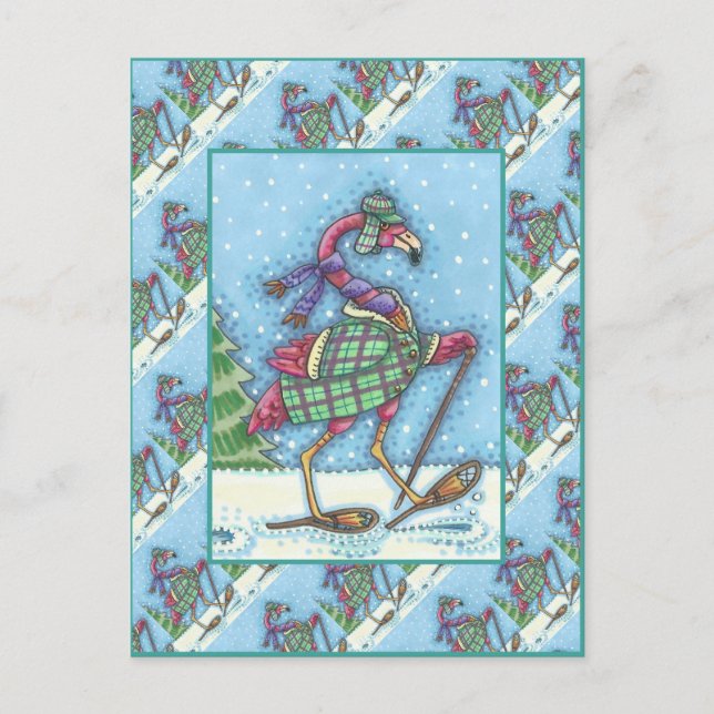 WINTER SNOWSHOES & COAT PINK FLAMINGO TREKKING HOLIDAY POSTCARD (Front)