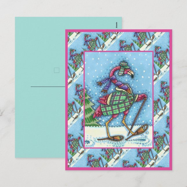 WINTER SNOWSHOES & COAT PINK FLAMINGO TREKKING HOLIDAY POSTCARD (Front/Back)