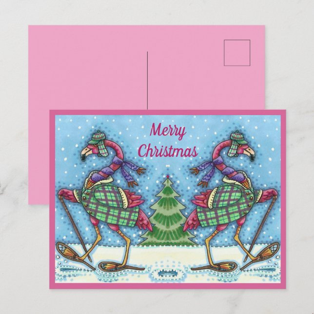 WINTER SNOWSHOES & COAT PINK FLAMINGO TREKKING HOLIDAY POSTCARD (Front/Back)