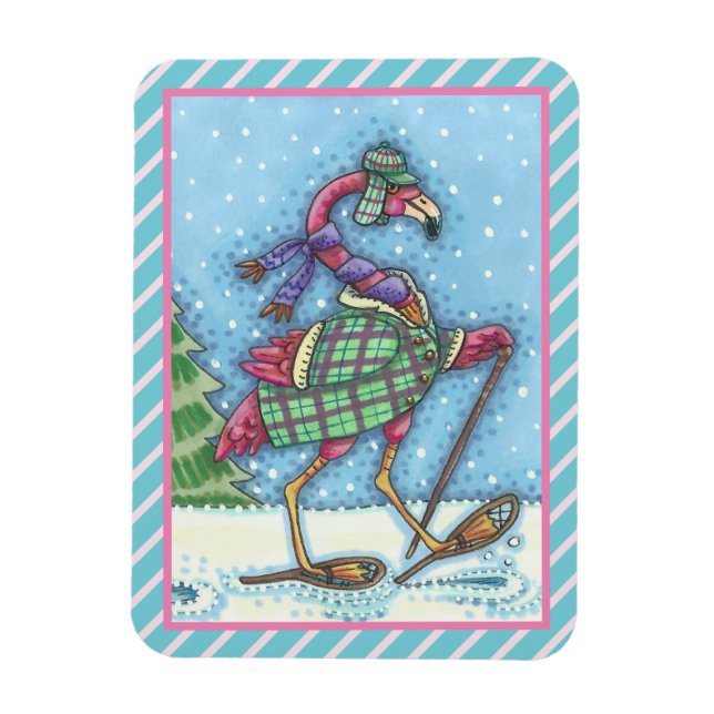 WINTER SNOWSHOES, PINK FLAMINGO CHRISTMAS MAGNET (Vertical)