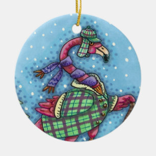 WINTER SNOWSHOES, PINK FLAMINGO, CUTE CHRISTMAS CERAMIC ORNAMENT