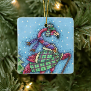 WINTER SNOWSHOES, PINK FLAMINGO, CUTE CHRISTMAS CERAMIC ORNAMENT