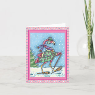 WINTER SNOWSHOES PINK FLAMINGO GREETING CARD Verse