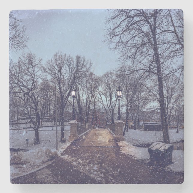 Winter snowy city park in the evening stone coaster (Front)