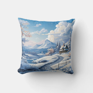 Winter Snowy Mountain Cabin 2 Different Images Throw Pillow