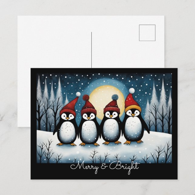 Winter Snowy Night Santa Penguin Christmas  Holiday Postcard (Front/Back)