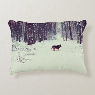 Winter snowy pine forest, dog walking in the fores accent pillow