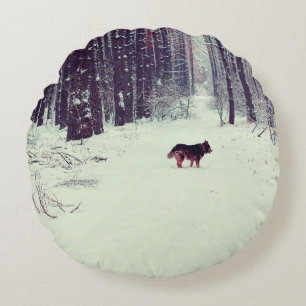Winter snowy pine forest, dog walking in the fores round pillow