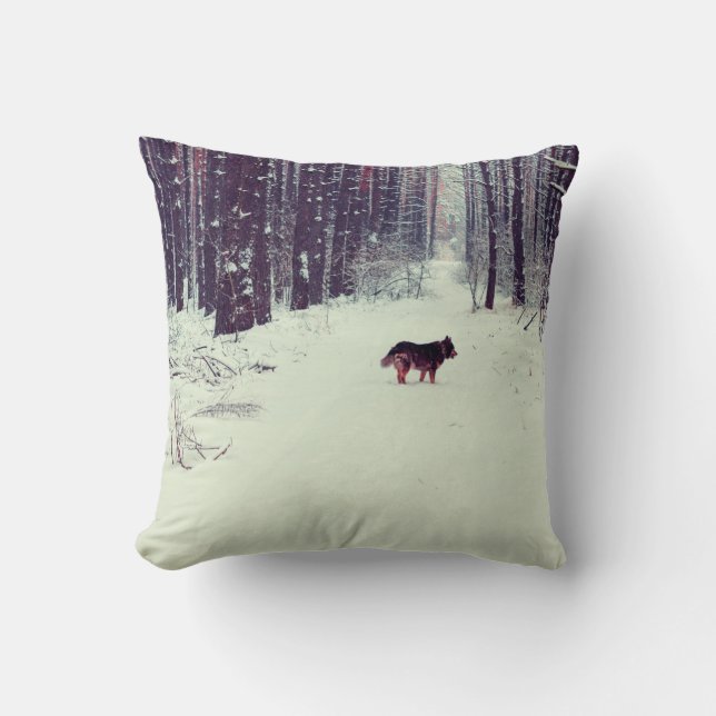 Winter snowy pine forest, dog walking in the fores throw pillow (Front)