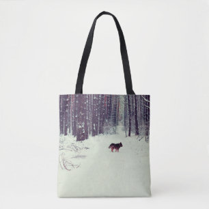 Winter snowy pine forest, dog walking in the fores tote bag