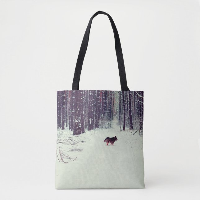 Winter snowy pine forest, dog walking in the fores tote bag (Front)