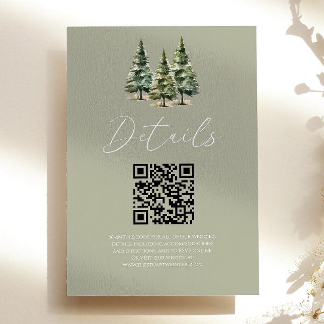 Winter Snowy Pine Trees QR Code Wedding Details Enclosure Card (Creator Uploaded)