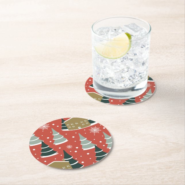 Winter Snowy Pine Wonderland Round Paper Coaster (Insitu)