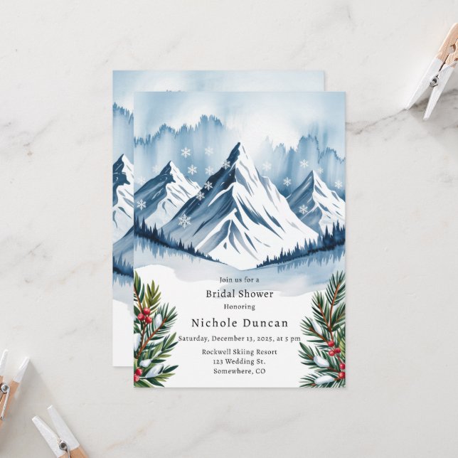 Winter Snowy Pine Wreath Bridal Shower Invitation (Front/Back In Situ)
