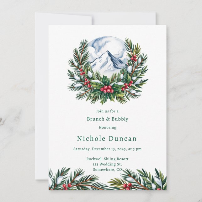 Winter Snowy Pine Wreath Brunch & Bubbly Invitation (Front)