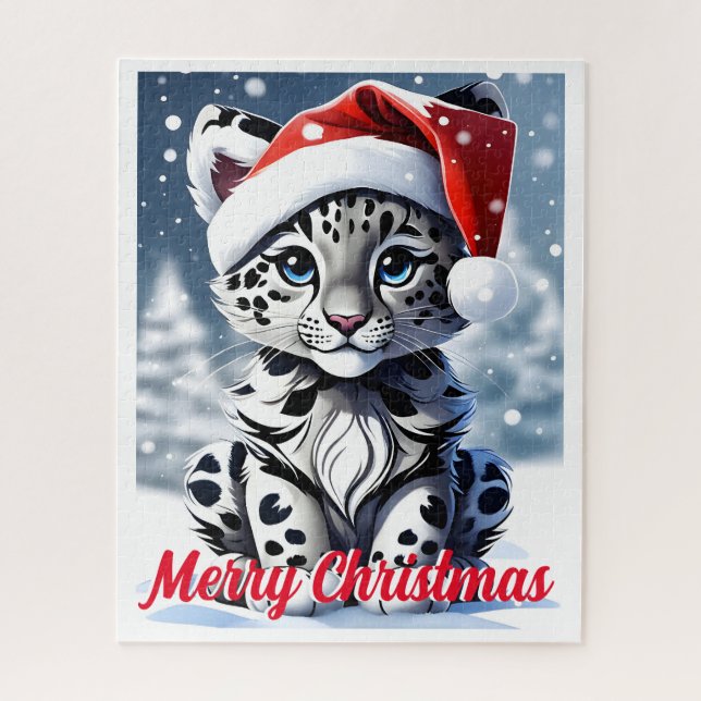 Winter Snowy Santa Cute Snow Leopard Cub Christmas Jigsaw Puzzle (Vertical)