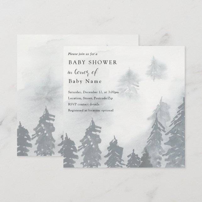 Winter snowy trees baby shower invitation (Front/Back)
