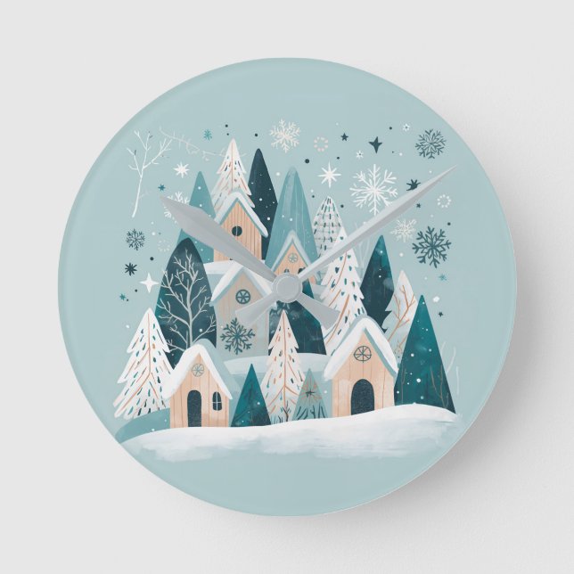 Winter Snowy Village Round Clock (Front)