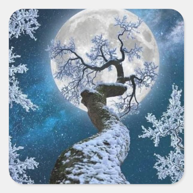 winter snowy woodland full moon square sticker (Front)