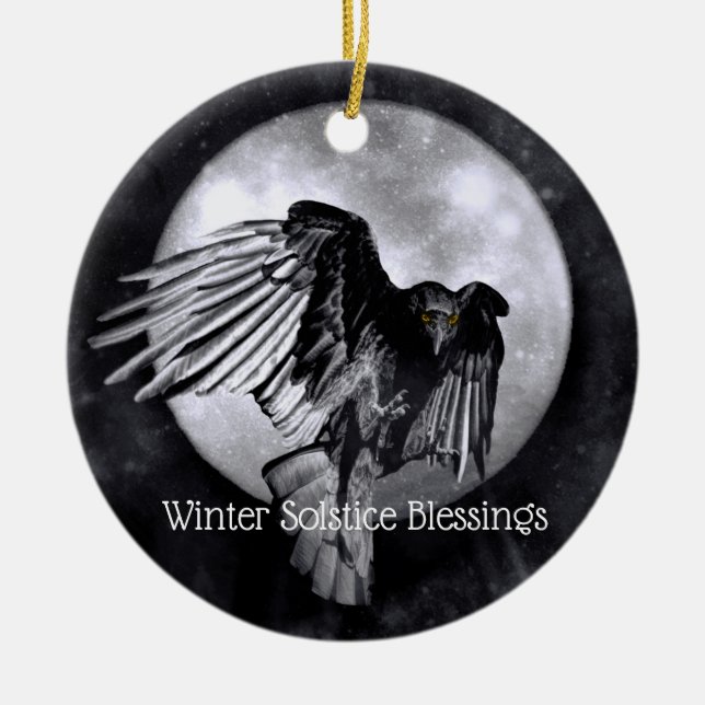 Winter Solstice Blessing Raven And Moon Pagan  Ceramic Ornament (Front)