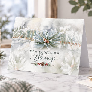 Winter Solstice Blessings Frosty Evergreens Holiday Card