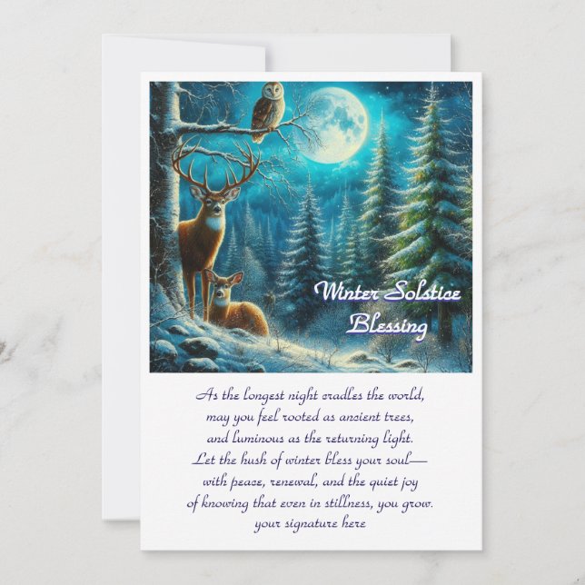 Winter Solstice Deer in Snow Holiday Blessing Card (Front)