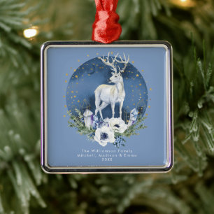 Winter Solstice Holiday Deer Blue White Christmas  Metal Ornament